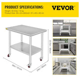 Mophorn Stainless Steel Work Table 36x24 Inch with 4 Wheels, Casters Heavy Duty Food Prep Worktable for Commercial Kitchen Restaurant Vevor