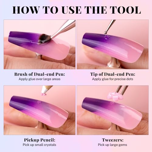 3D Nail Charms, Manicure Kit with Nail Rhinestone Glue Gel (UV Curing), Butterfly White Pink Flower Starry AB Gems Caviar Beads Half Round Pearl & BELLEBOOST