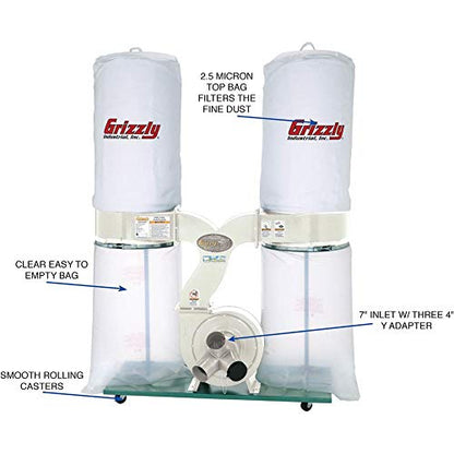 Grizzly Industrial G1030Z2P - 3 HP Dust Collector with Aluminum Impeller - WoodArtSupply