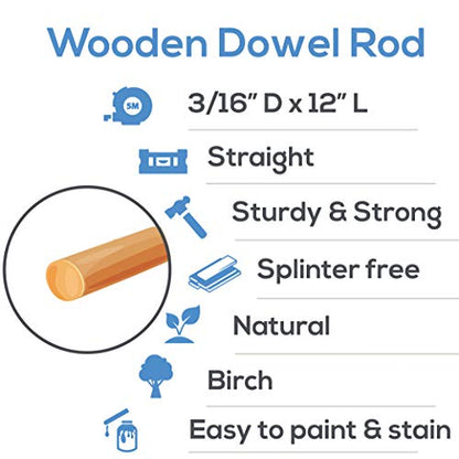 Dowel Rods Wood Sticks Wooden Dowel Rods - 3/16 x 12 Inch Unfinished Hardwood Sticks - for Crafts and DIYers - 50 Pieces by Woodpeckers