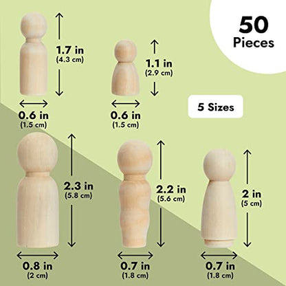 Juvale Set of 50 Unfinished Wood Peg Dolls Family, Wooden People for Crafts, Dollhouse Figures (5 Sizes)