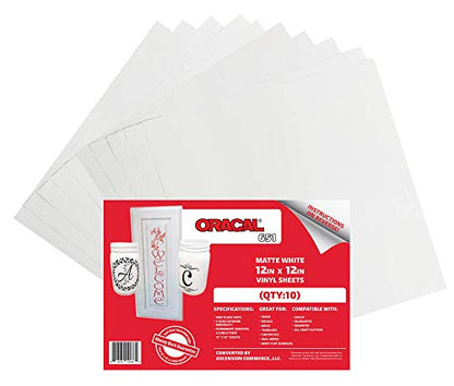 (10) 12" x 12" Sheets - Oracal 651 Matte White Adhesive Craft Vinyl for Cricut, Silhouette, Cameo, Craft Cutters, Printers, and Decals - Matte Finish