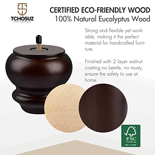 TCHOSUZ 3 inch / 8cm Wooden Furniture Legs, Pack of 4 Classic Walnut Solid Wood Turned DIY Replacement Bun Feet with M8 Hanger Bolts & T-Nuts for TCHOSUZ