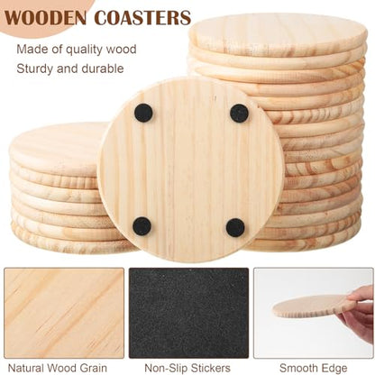 Hushee 96 Pcs Unfinished Wood Coasters 4 Inch Blank Wooden Coasters for Crafts with Non Slip Foam Pad Stickers Wooden Craft Coasters for DIY Stained - WoodArtSupply