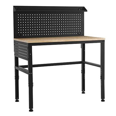 MCombo Adjustable Workbench with Solid Wood Tabletop for Garage, Steel Worktable with 2 Pegboards for Workshop, Workstation for Shop, Home MCombo