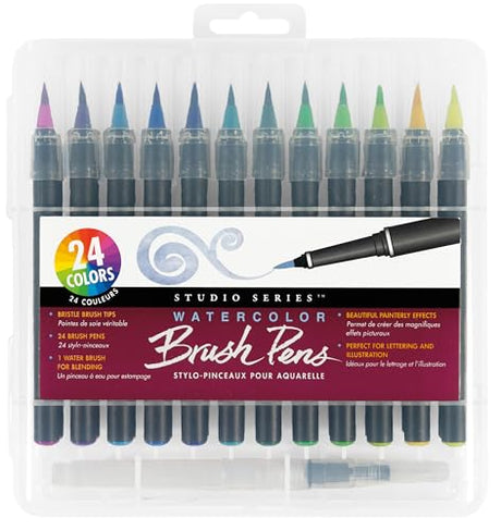Studio Series Watercolor Brush Marker Pens (Set of 24 pens, plus bonus water brush), Great for Hand Lettering, Calligraphy, Manga, Comics, Adult PETER PAUPER PRESS