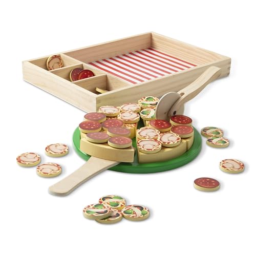 Melissa & Doug Wooden Pizza Play Food Set With 36 Toppings - Pretend Food And Pizza Cutter/ Toy For Kids Ages 3+