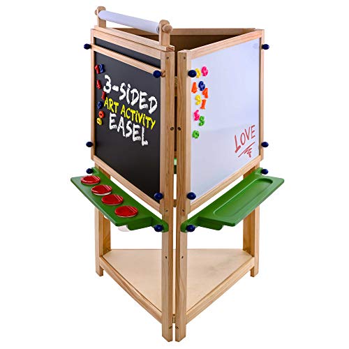 U.S. Art Supply Children's 3-Sided Art Activity Easel with Chalkboard, Large Paper Roll, Shelf & Plastic Paint Cups - WoodArtSupply