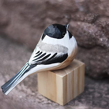 Hand Carved Wooden Black-Capped Chickadee Bird Figurine Wood Bird Statue for Home Decor
