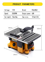 Fullhold 4" Mini Table Saw 60w Hobby Miter Saw For Crafts Model Making To Cut Copper, Aluminum,Stone, Wood, Glass And Plastic（LxWxH :190MM(7.5") x FULLHOLD