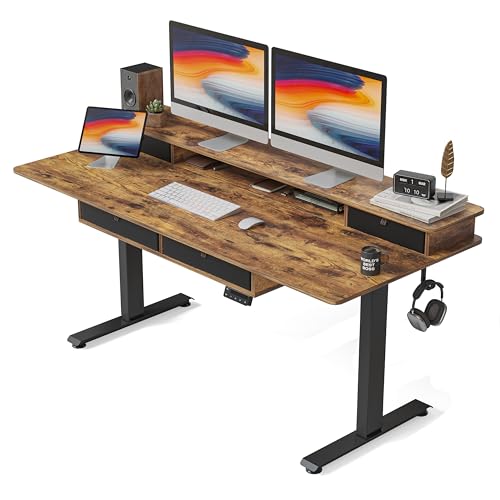 FEZIBO 55 x 24 Electric Standing Desk Adjustable Height with 4 Drawers, Sit Stand Desk with Storage Shelf, Rising Desk with Splice Board, Black - WoodArtSupply