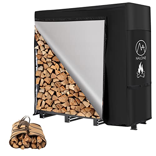 NALONE 4FT Outdoor Firewood Rack with Cover&Carry Bag Heavy Duty Square Strong Stand Rack with Waterproof Cover for Fireplace Fire Pits Wood Pile NALONE