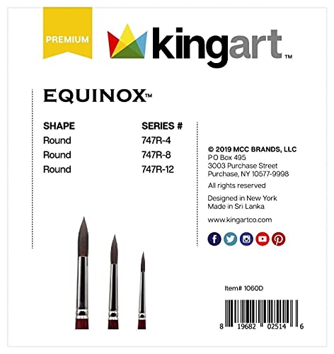 KINGART 1060D Premium 3 Pc. Equinox 747R Series Round Watercolor Artist Brush Set, Soft Synthetic Black Kazan Squirrel, Rounds Size 4, 8, 12, Short KINGART