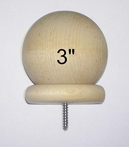 (1) - 3" Round Wood Ball Finial with 3/16" Wood Screw - - Wood Cap Baluster Newel Post Railing - - See Description for Details and Measurements.