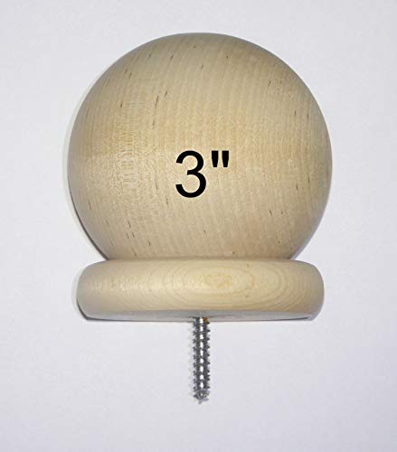 (1) - 3" Round Wood Ball Finial with 3/16" Wood Screw - - Wood Cap Baluster Newel Post Railing - - See Description for Details and Measurements.