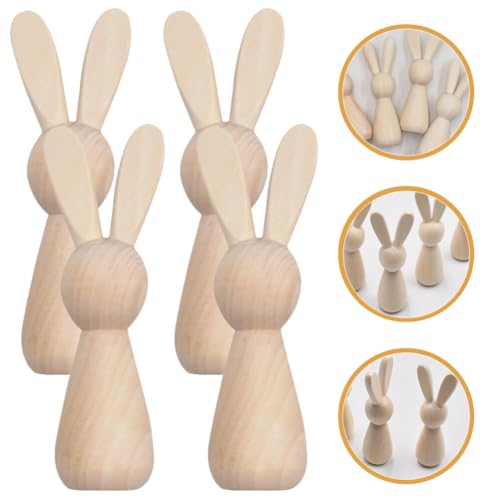 ABOOFAN Unfinished Wooden Bunny,4pcs Blank Wood Rabbit Peg Doll Figure Cutout Table Statue Model Desktop Centerpiece for Kids DIY Painting Home