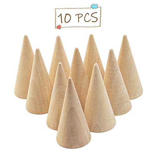 Framendino, 10 Pack Natural Wood Cone Ring Holder Finger Jewelry Display Stand Organizer DIY Craft Wooden Cone (Vertical Shaped)