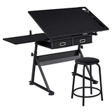 Yaheetech Drafting Table for Artists, Height Adjustable Drawing Desk Art/Craft Desk Diamond Paintings Work Station w/ 2 Storage Drawers and Stool for Yaheetech