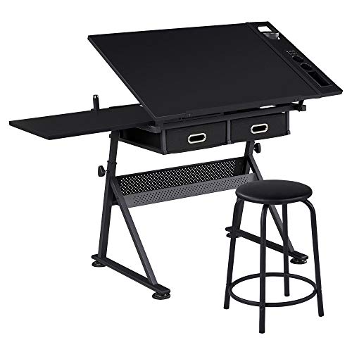 Yaheetech Drafting Table for Artists, Height Adjustable Drawing Desk Art/Craft Desk Diamond Paintings Work Station w/ 2 Storage Drawers and Stool for