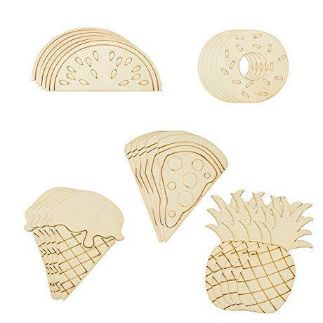 Elecrelive 25pcs Natural Unfinished Wooden Cutouts Ornaments Watermelon Ice Cream Pizza Pineapple Doughnut Blank Wood Slice Pieces for DIY Art Crafts EEE ELECRELIVE