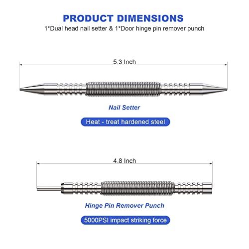 Glieskir Spring Loaded Nail Set Tools,2-PCS Dual Head Nail Setter and Hinge Pin Punch Set, Hammerless 1/16″& 3/32″Spring Nail Set, Super Strong Force - WoodArtSupply