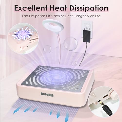 Rolokit Nail Dust Collector with Lamp&50pcs Disposable Filter&Dusting Brush, Electric Nail Vacuum Cleaner Dust Fan Suction Machine for Manicure Rolokit