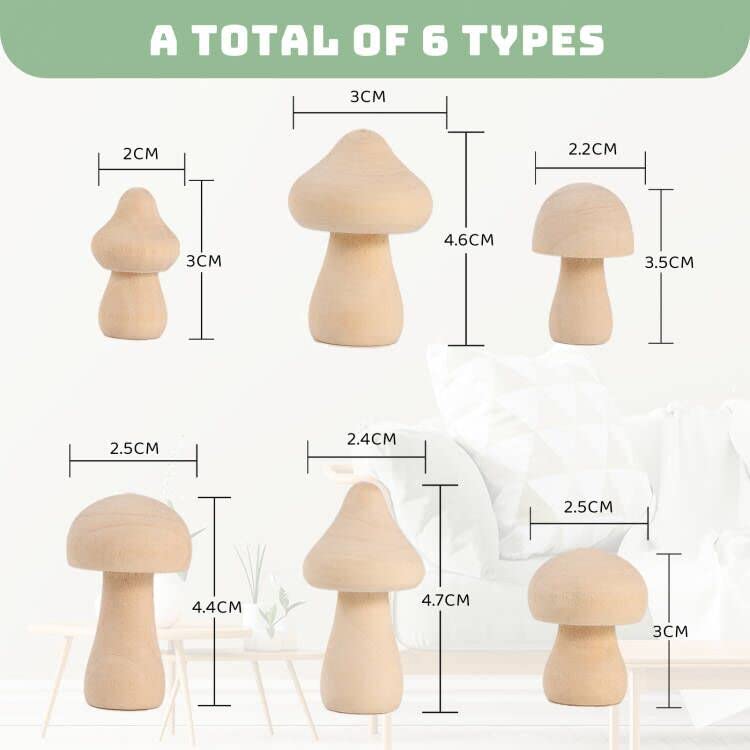 Pllieay 18 Pieces Unfinished Wooden Mushroom 6 Different Sizes Unpainted Wood Mushrooms for Children's Arts & Crafts Projects Decoration, DIY