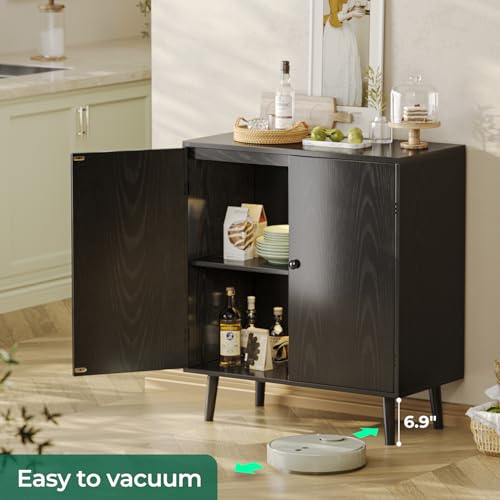 Huuger Buffet Cabinet with Storage, Storage Cabinet with 2 Doors, Black Cabinet with Solid Wood Feet, Sideboard Cabinet Accent Cabinet, for Kitchen, - WoodArtSupply