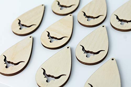 ALL SIZES BULK (12pc to 100pc) Unfinished Wood Wooden Laser Teardrop Longhorn Steer Cow Cutout Dangle Earring Jewelry Blanks Charms Shape Crafts Made Texan Wood Crafts