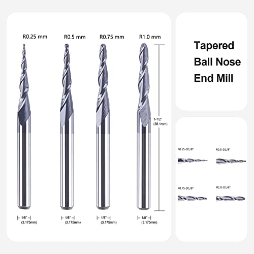 SpeTool 4Pcs/Pack Assorted R0.25~1.0 Tip 1/8" Tapered End Mill Cone Ball Nose Carbide Bit CNC Cutter for Carving Engraving SpeTool