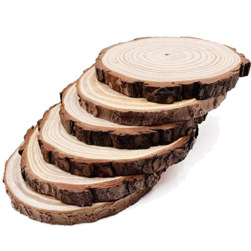 Natural Round Discs Rustic Wood Slices 6 Pcs 6.3-6.7 inch Unfinished Wood kit Circles Crafts Tree Slices with Bark Log Discs for DIY Arts and Wedding William Craft