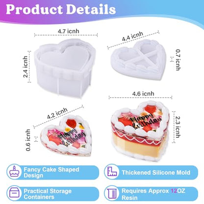 LET'S RESIN Cake Shaped Box Resin Molds, Vintage Heart Resin Jar Mold with Lid, Fake Cake Epoxy Resin Molds for DIY Jewelry Box, Decor Prop,Candy Jar