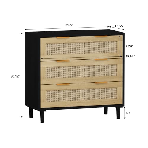 Fulvari 3 Drawer Rattan Dresser for Bedroom,Wood Storage Chest of Drawers,Rattan Storage Cabinet, Wide Closet Dresser Storage Organizer for Bedroom