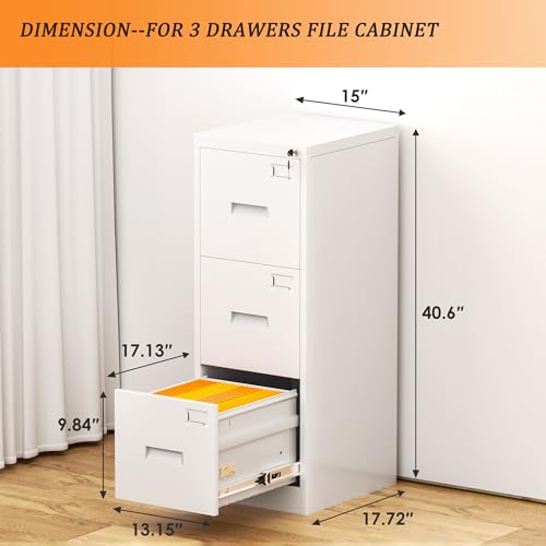 INTERGREAT 3 Drawers File Cabinet with Lock, 18" D Vertical Filing Cabinet for Home Office, Metal White File Cabinet for Hanging Letter/F4/A4/Legal - WoodArtSupply