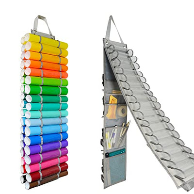 Tunnkit Vinyl Roll Holder - 36 Compartments Vinyl Storage Organizer with 7 Mesh Pockets Storage, Wall Mount/Over The Door Vinyl Roll Storage, with 2