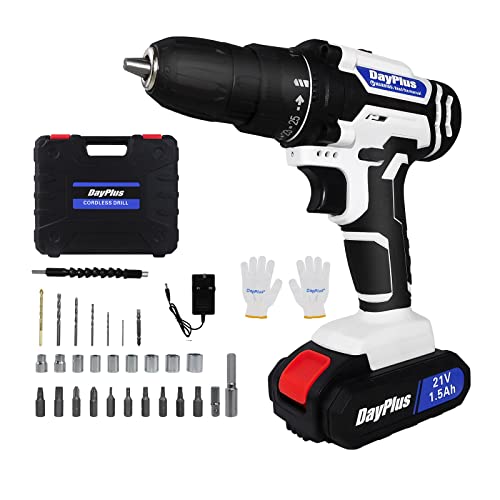 21V Cordless Drill Driver Screwdriver with 1500mAH Li-ion Battery, 2 Variable Speed 25+1 Torque Setting with LED Light, Portable Rechargeable Impact - WoodArtSupply