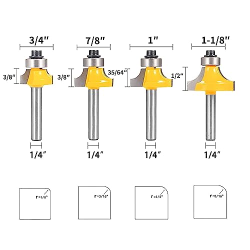 TOTOWOOD Roundover Router Bit Set，4pcs Router bit Set，1/4 inch Shank，Radius in 1/8", 1/4", 3/16", 5/16"，Bearing Guide for Rounding Edge bit Totowood