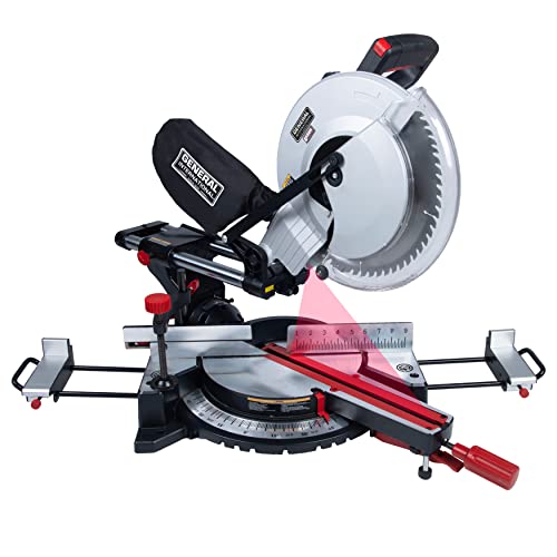 GENERAL INTERNATIONAL 12" Compound Sliding Miter Saw - 15A Dual Slide Rail Chop Saw with 0-45° Bevel & 1mW Laser Alignment System - MS3008 - WoodArtSupply