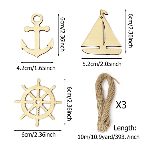 yueton 36PCS 3 Styles Nautical Themed Unfinished Wood Cutouts Wood Slices Wood Chips, Sailboat Rudder Anchor Wooden Cutouts, Wooden Hanging yueton