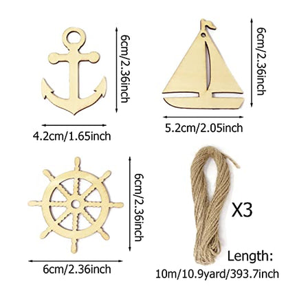 yueton 36PCS 3 Styles Nautical Themed Unfinished Wood Cutouts Wood Slices Wood Chips, Sailboat Rudder Anchor Wooden Cutouts, Wooden Hanging - WoodArtSupply