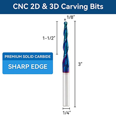 CNC Router Bits Spiral Tapered Ball-Mill 2D & 3D Carving Bits, 2.4 Deg Tapered Angle Ball Tip R1.5, 1/4"Shank 3"OVL for Wood Carving Engraving YOKISHUN