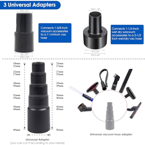 15 Pcs Universal Vacuum Attachments & Brushes for Shop Vac Accessories - 2 1/2" to 1 1/4" Hose Adapter for Shop Vac, 1 7/8" to 1" Vacuum Hose IN VACUUM