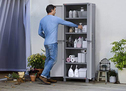 Keter Storage Cabinet with Doors and Shelves for Tool, Home Organization,Large, White & Grey Keter