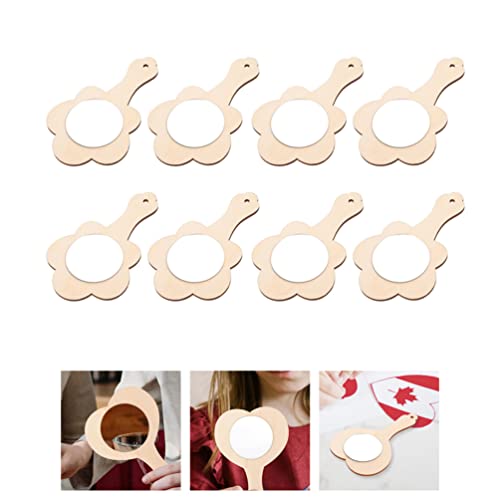 Tofficu 8pcs DIY Wooden Handle Mirror Unfinished Blank Wood Hand Mirror Handheld Mirror Toys Flower Shape Vanity Makeup Mirror Travel Pocket Makeup Tofficu