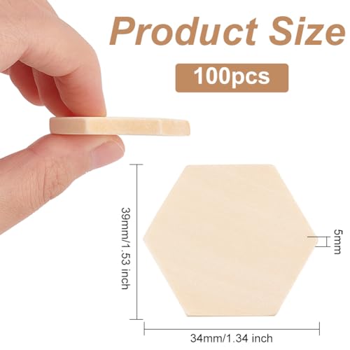 OLYCRAFT 100PCS Hexagon Wood Pieces Unfinished Wood Hexagon Pieces 1.5x1.3x0.2 Inch Natural Wood Hexagon Cutout Wood Hexagon Blank Slices for DIY OLYCRAFT