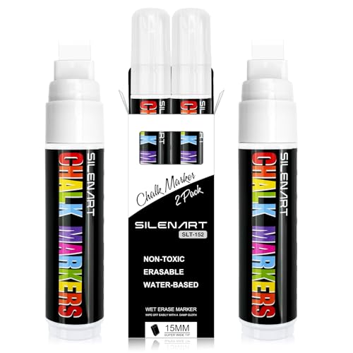 SILENART White Chalk Markers 2 Pack -15mm Jumbo Tip Car Markers - White Dry Erase Markers Pen - Chalk Pens White Liquid Chalk Markers for Chalkboard, SILENART