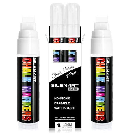 SILENART White Chalk Markers 2 Pack -15mm Jumbo Tip Car Markers - White Dry Erase Markers Pen - Chalk Pens White Liquid Chalk Markers for Chalkboard, SILENART