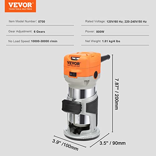 VEVOR Wood Router, 1.25HP 800W, Compact Wood Trimmer Router Tool, 30000RPM Max Speed 6 Variable Speeds, with 1/4'' & 5/16'' Collets 12 PCs Milling