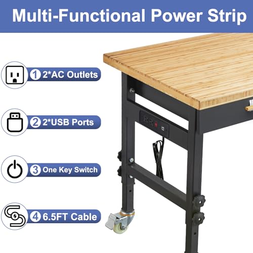 Work Bench, Adjustable Workbench with Drawer Storage, Heavy Duty Bamboo Wood Work Table with Power Outlet and Wheels for Garage Home Office (59×23.6