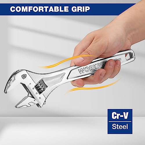 WORKPRO 10" Adjustable Wrench, Heavy Duty Spanner with Inch/Metric Scale, Premium Cr-V Steel, Chrome Plated WORKPRO